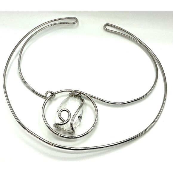 Silver Tone Wire Wrap Choker Necklace With Clear Crystal Pendant - Picture 2 of 6